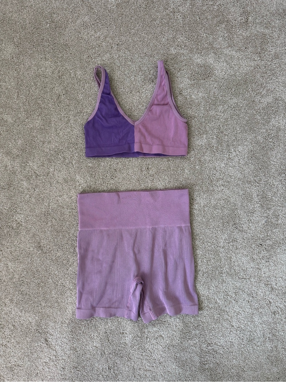 Colsie Two-Tone Ribbed Lavender & Purple Sports Bra and shorts Set
